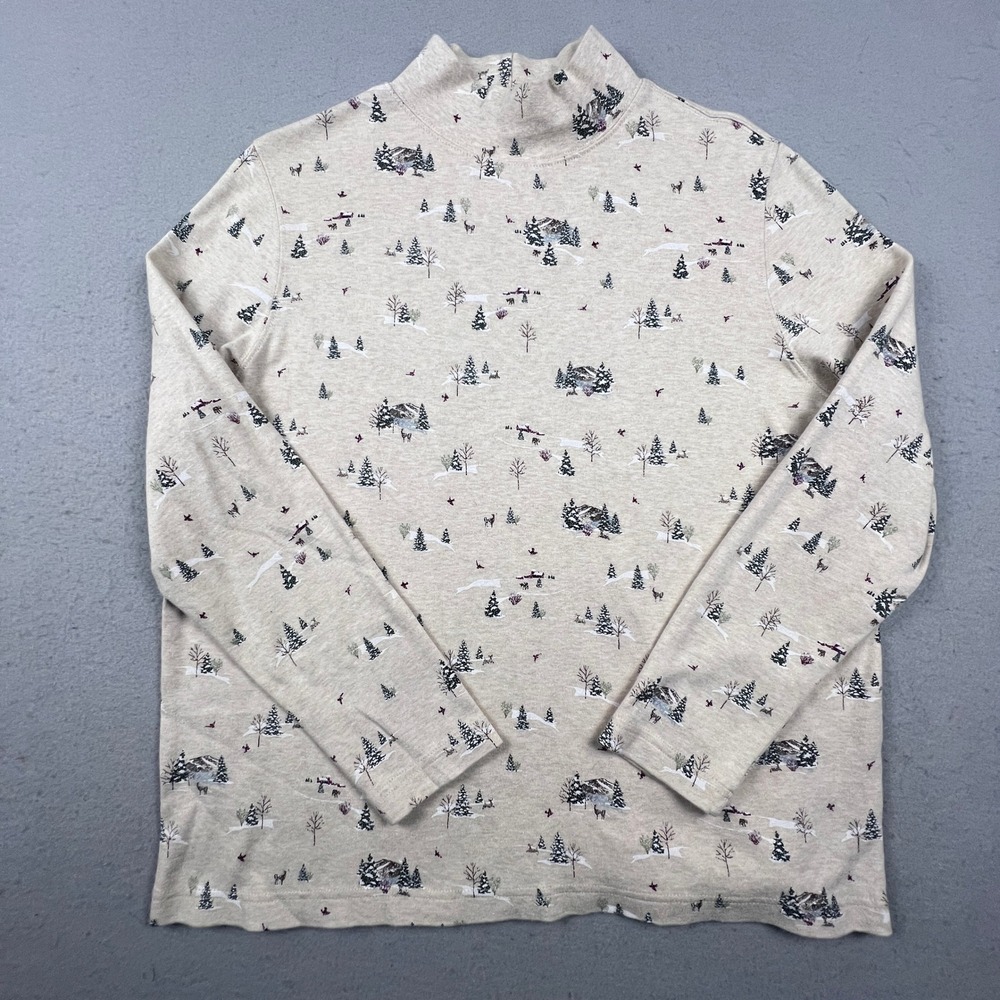 Winter Scene Pine Tree Cotton Shirt Mock Neck Top Womens XL Beige Croft & Barrow